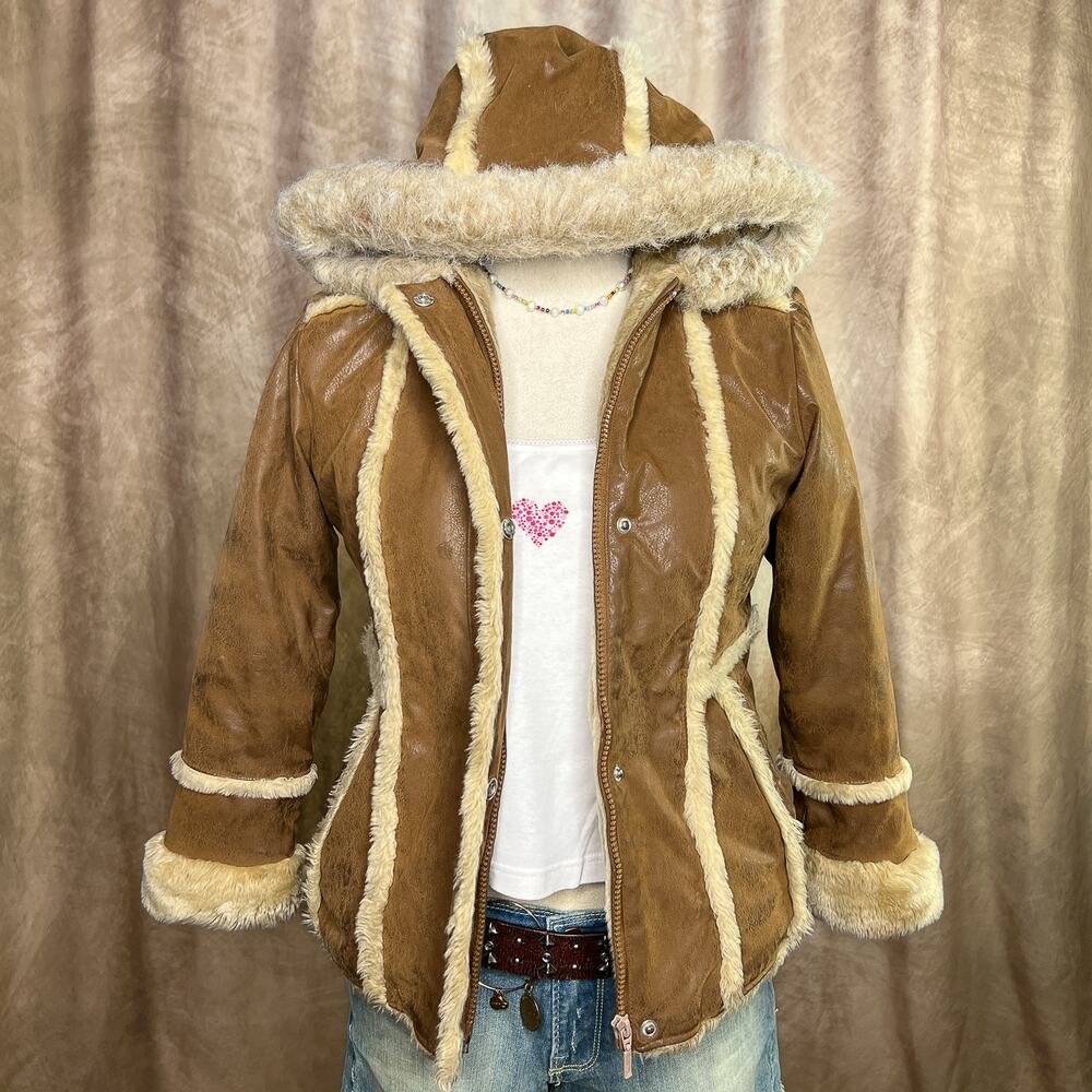 Vintage Y2K Faux Leather Fur Hooded Zip Up Jacket Brown Indie Sleaze McBling